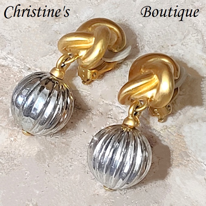 Door knocker earrings, vintage clip ons, silver and gold combination