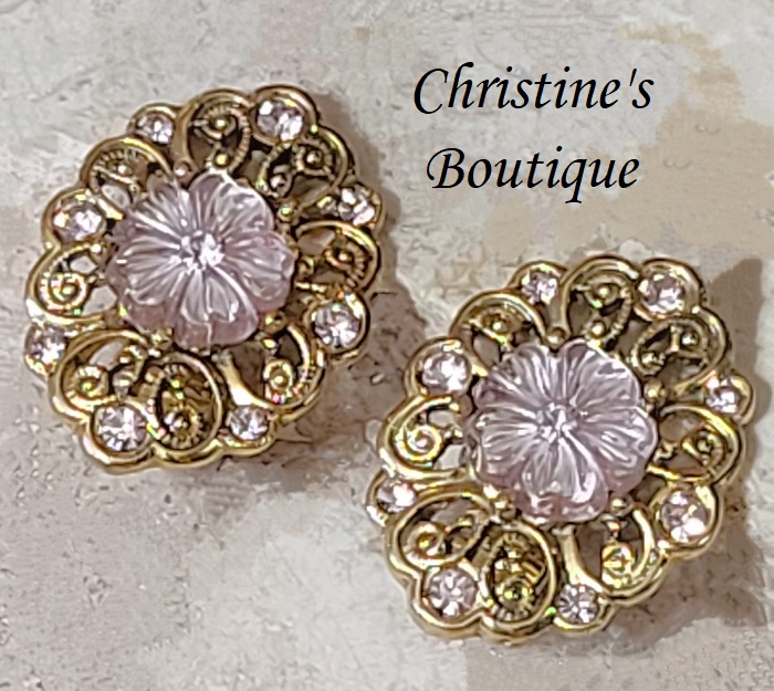 Liliac floral earrings, filigree setting, vintage clip on earrings