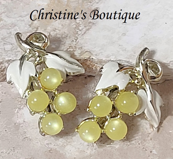 Yellow moonglow earrings, grape motif, vintage clip on style