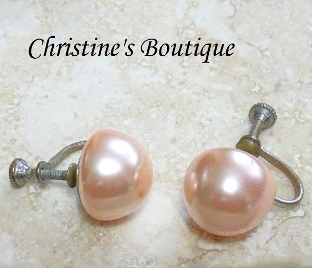 Pink pearl button earrings, vintage screw back style