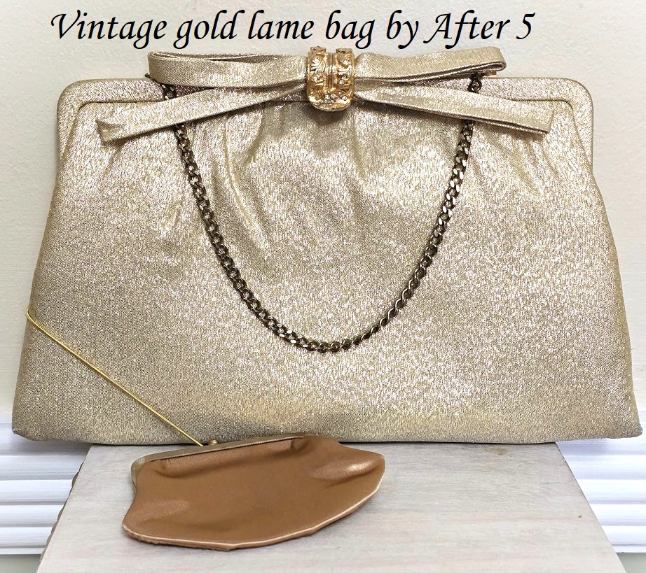 Gold lame handbag, vintage handbag, by After Five, gold vintage bag, with attached coin purse - Click Image to Close
