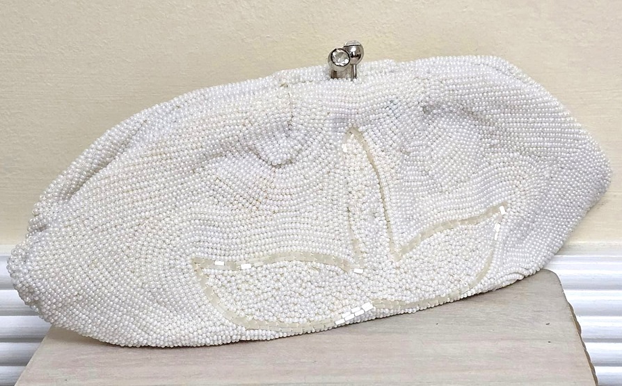 Beaded handbag, vintage beaded clutch style bag, designer Debbie, white beaded purse, wedding, special occasion bag
