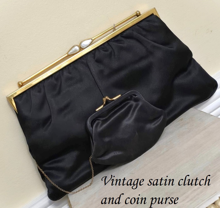 Satin clutch, vintage clutch style purse with coin pursee, black satin, abalone shell accents, designer Magid