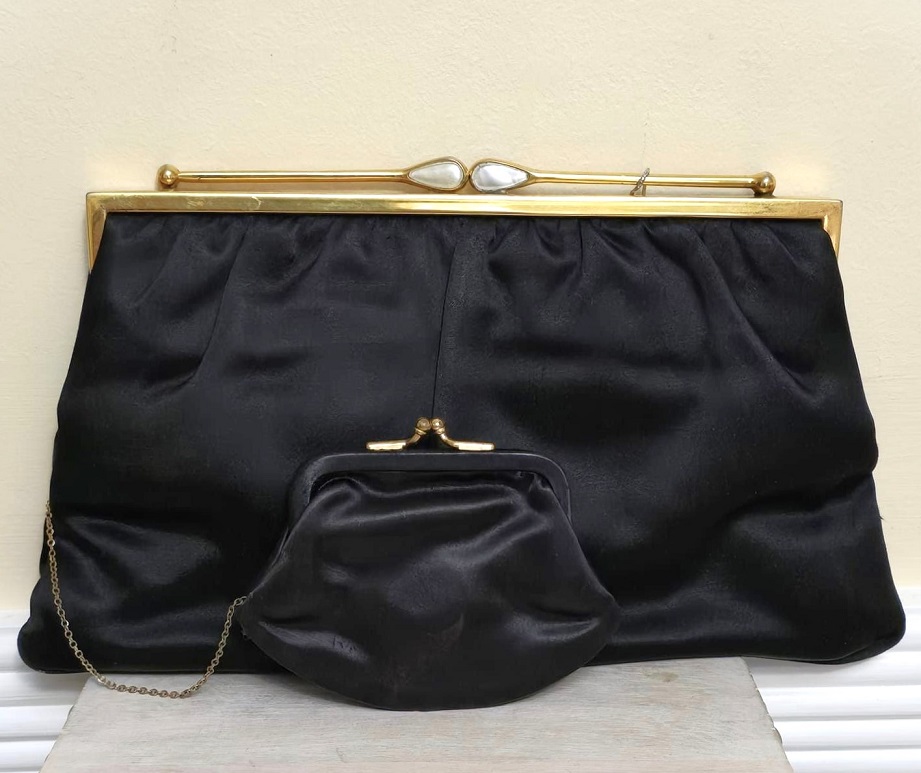 Satin clutch, vintage clutch style purse with coin pursee, black satin, abalone shell accents, designer Magid