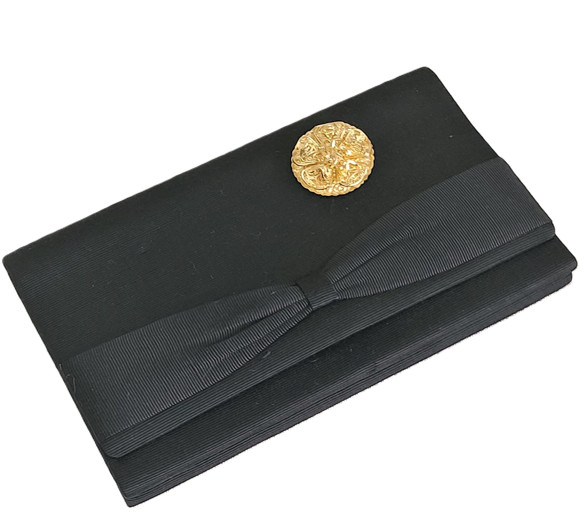 Black vintage clutch purse with bow, filigree gold scarf clip