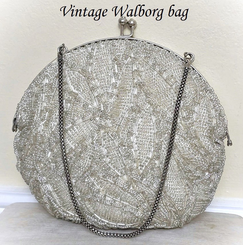 Walborg purse, vintage purse, silver beaded purse, round purse, kiss lock design, silver gray beads