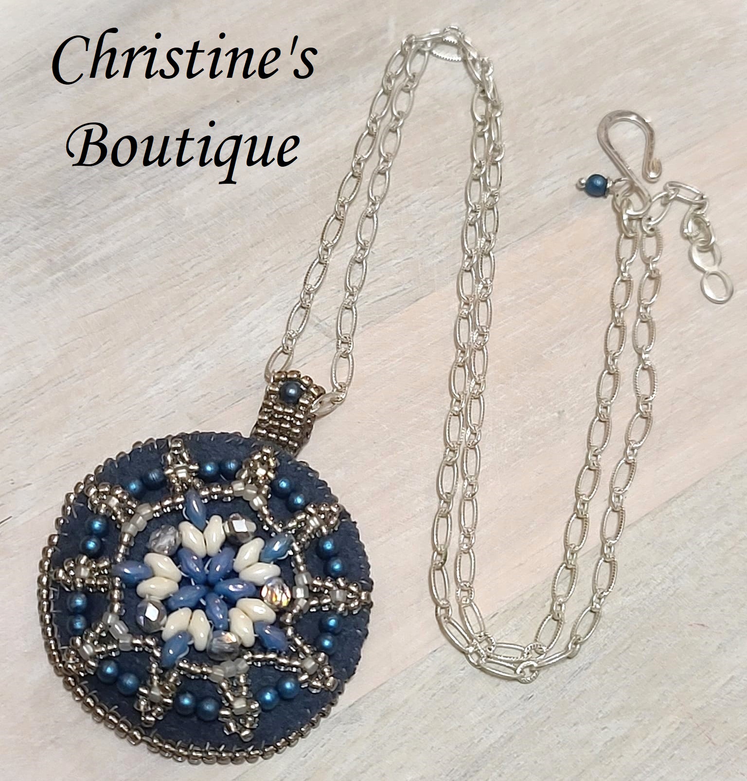 Bead embroidery medallion pendant necklace, blue suede, glass - Click Image to Close