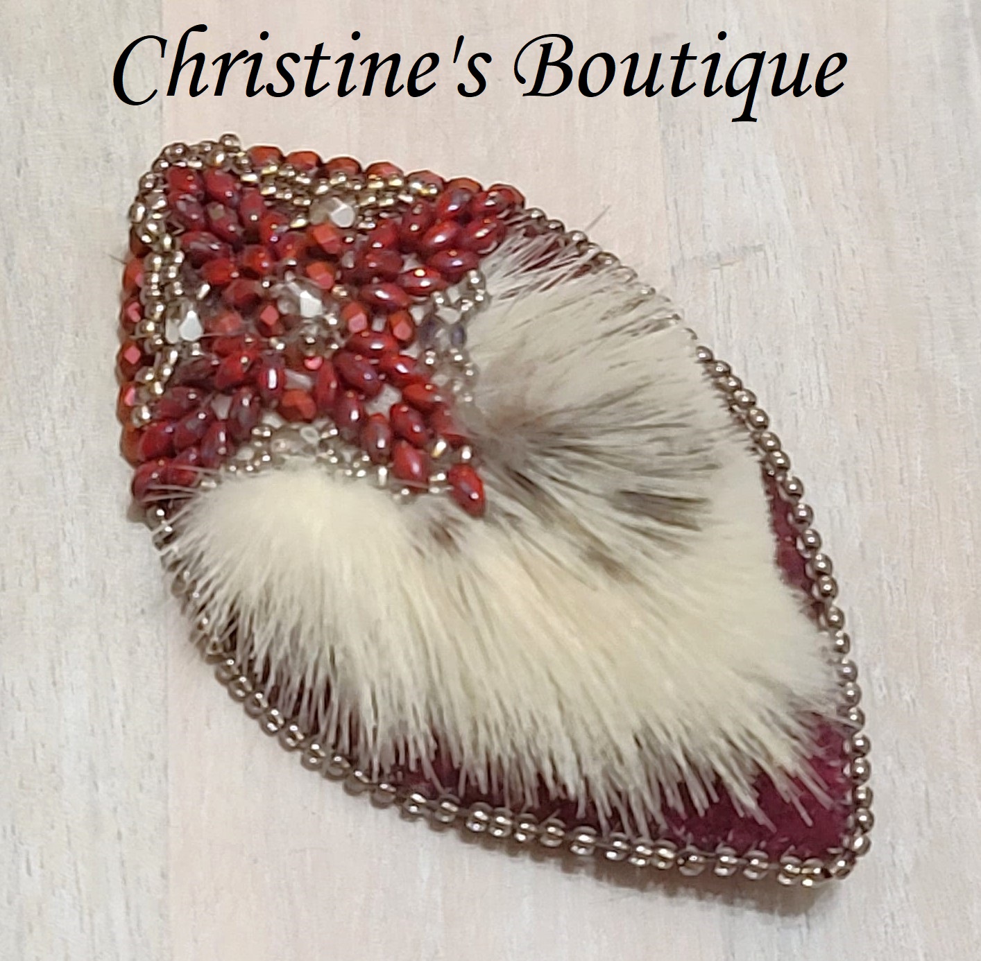 Bead and crystal pin, mink fur accents, handcrafted,