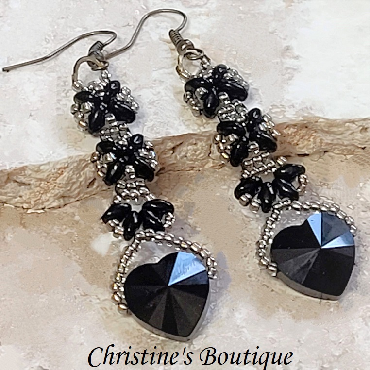 Czech crystal heart earrings, handcrafted with glass bead accents