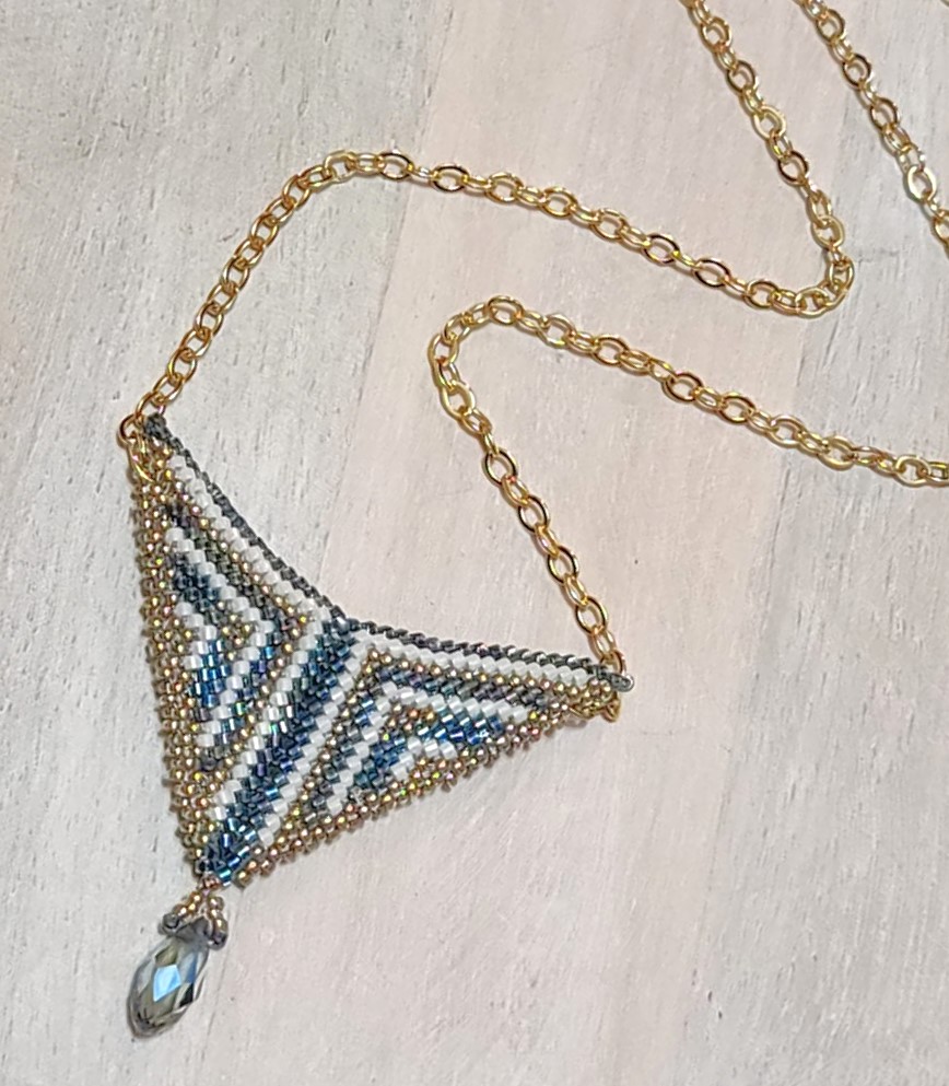 Miyuki glass pendant necklace, blue, white and gold stripes and crystals