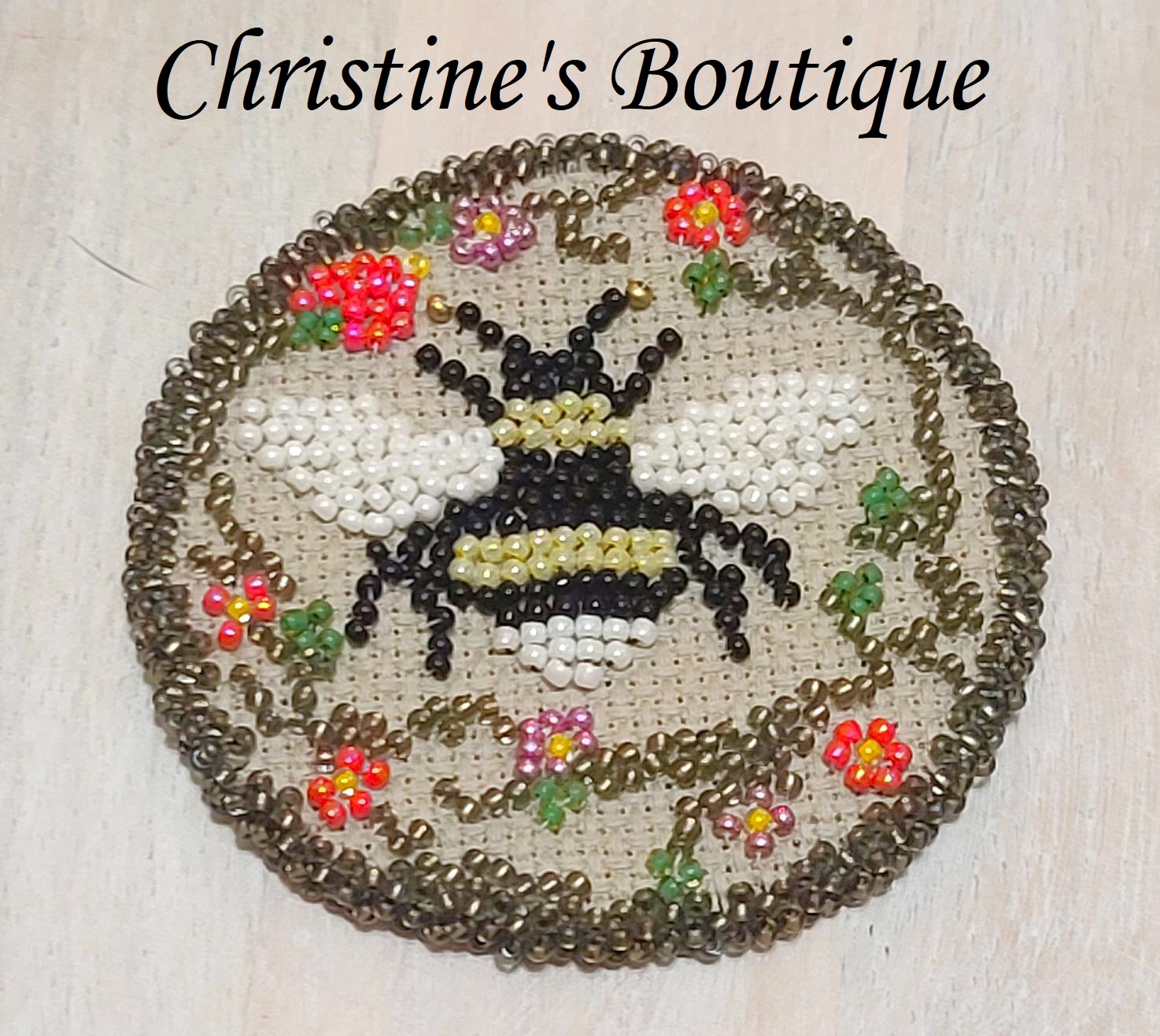 Beaded cross stitch Bee in the garden handcrafted pin