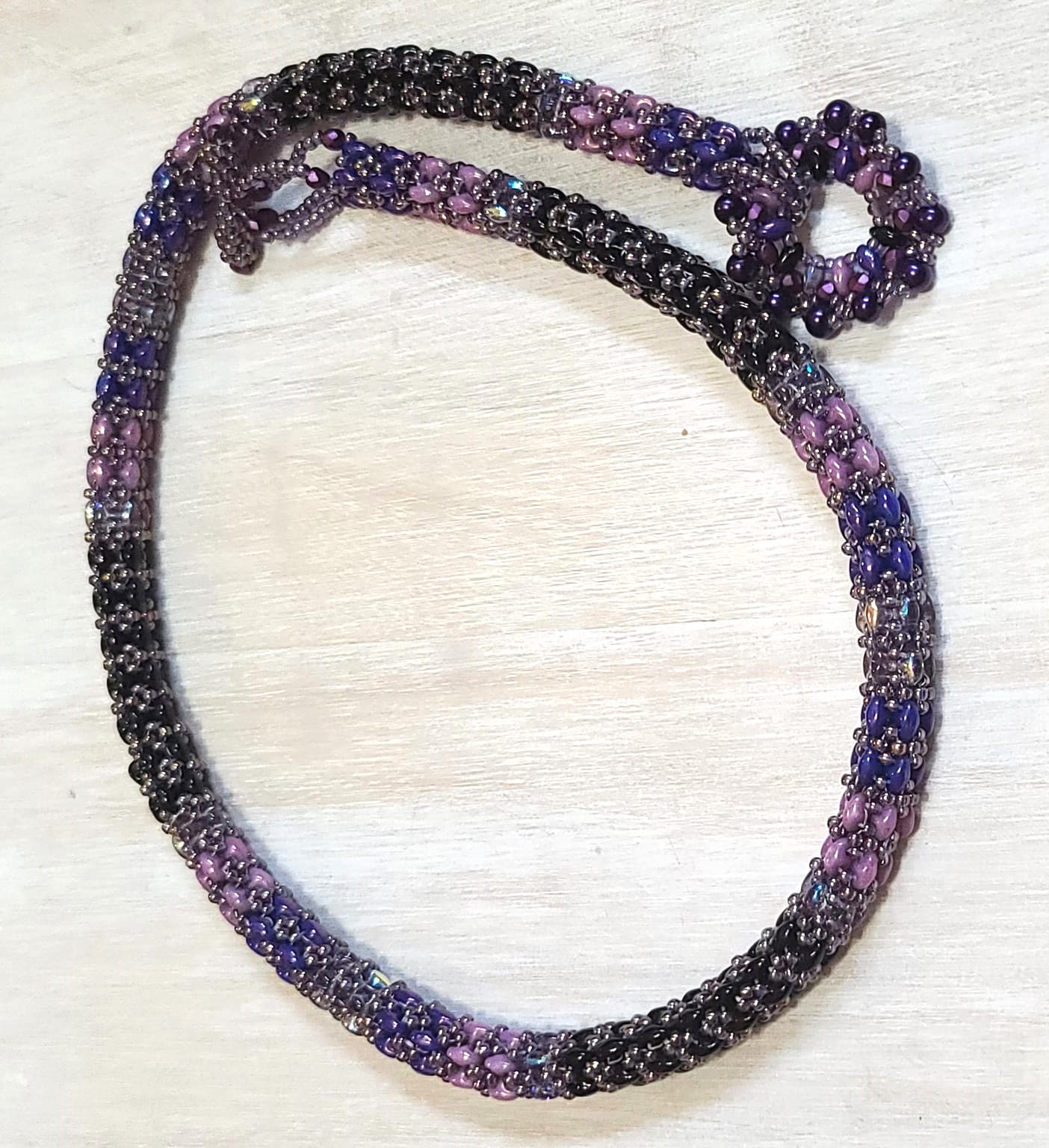 Beaded rope necklace, handcrafted, glass super duos and crystals