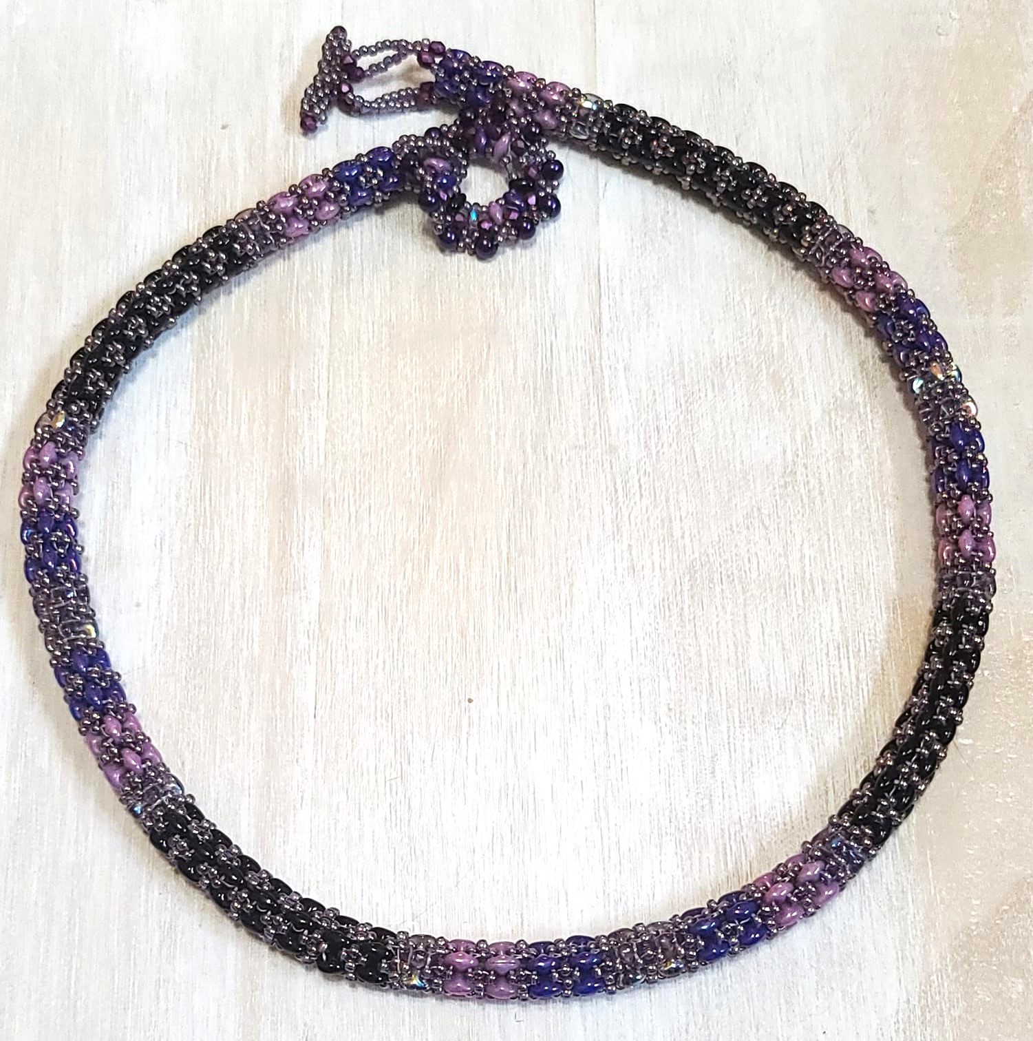 Beaded rope necklace, handcrafted, glass super duos and crystals