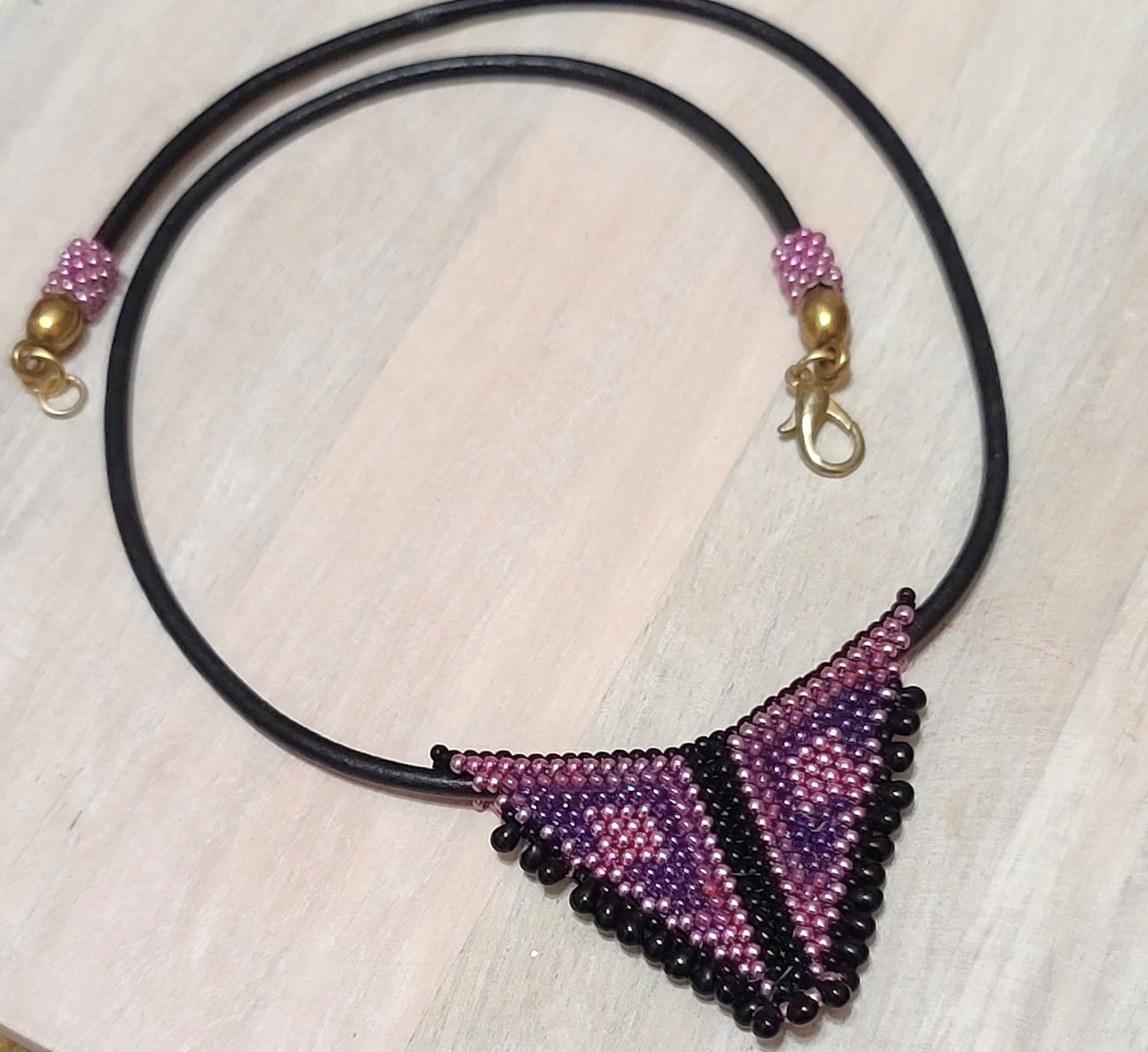 Miyuki glass beaded triangle pendant on black leather necklace