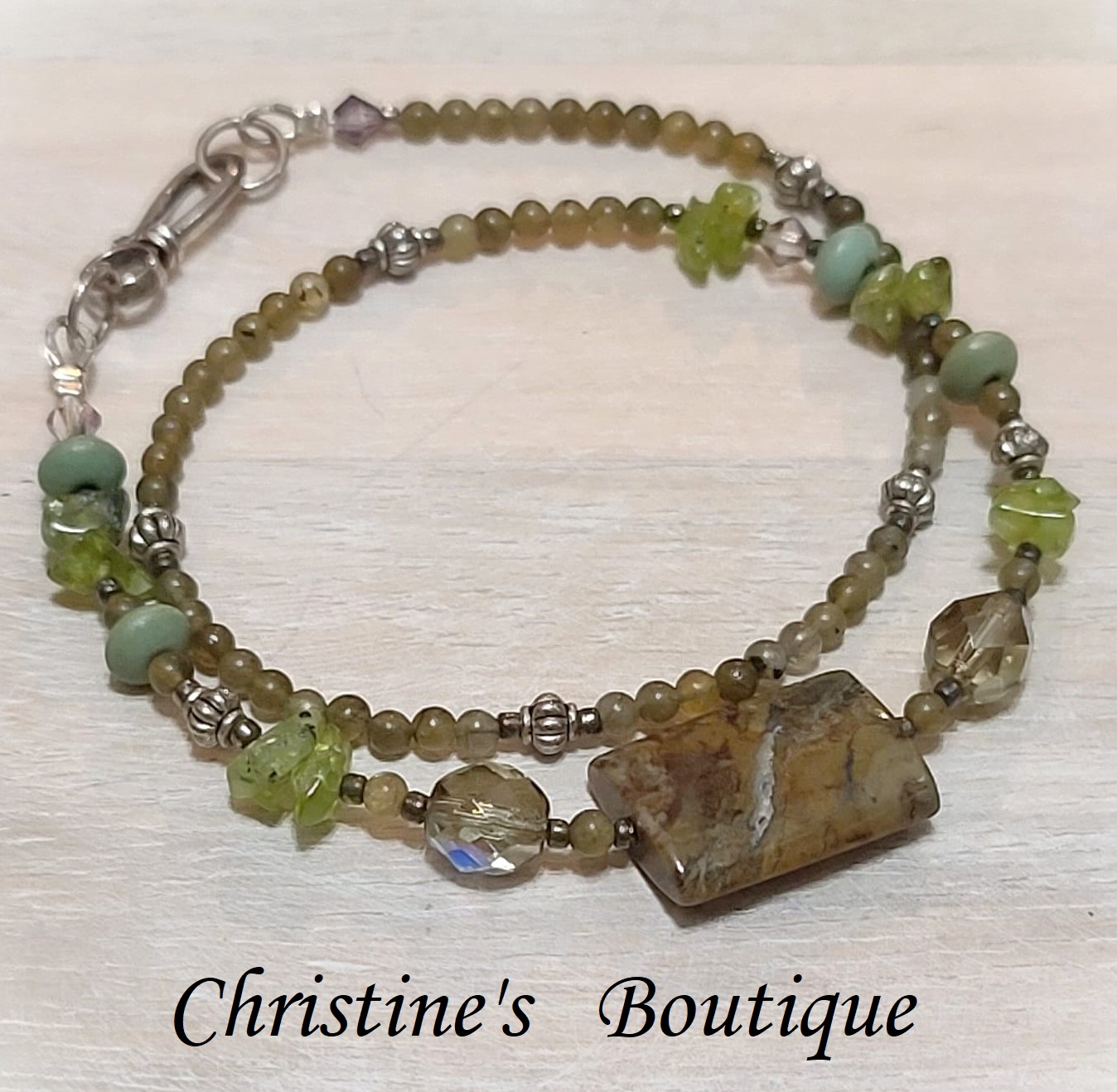 Gemstone bracelet, olive green quartz and peridot wrap bracelet