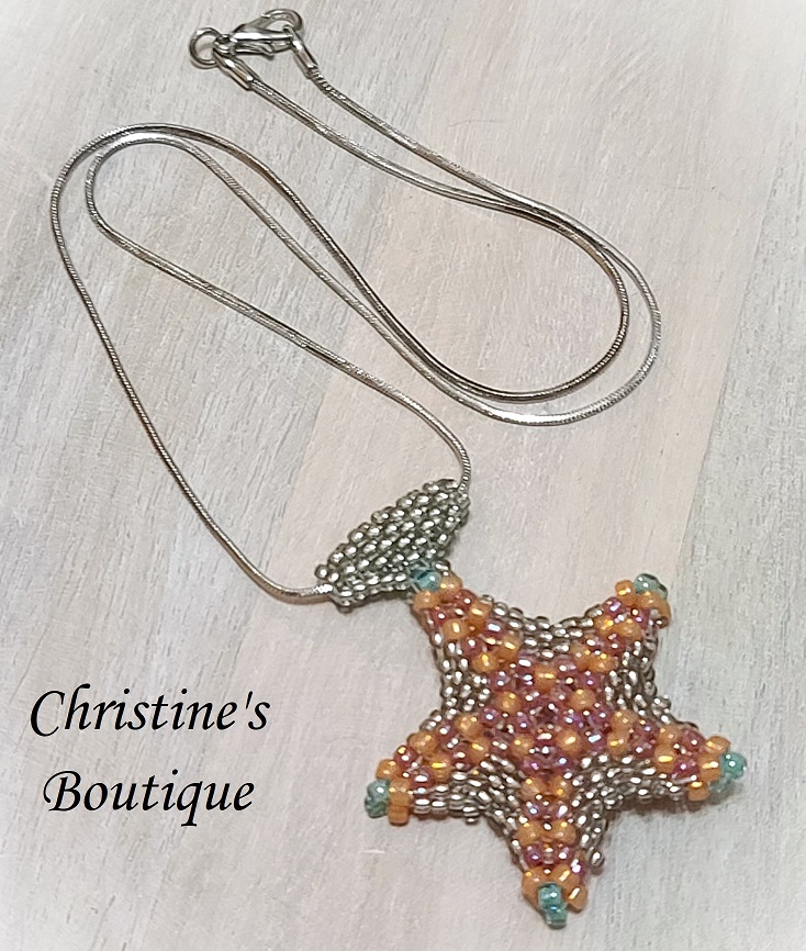 Starfish pendant necklace, handcrafted, glass beads, sterling silver chain