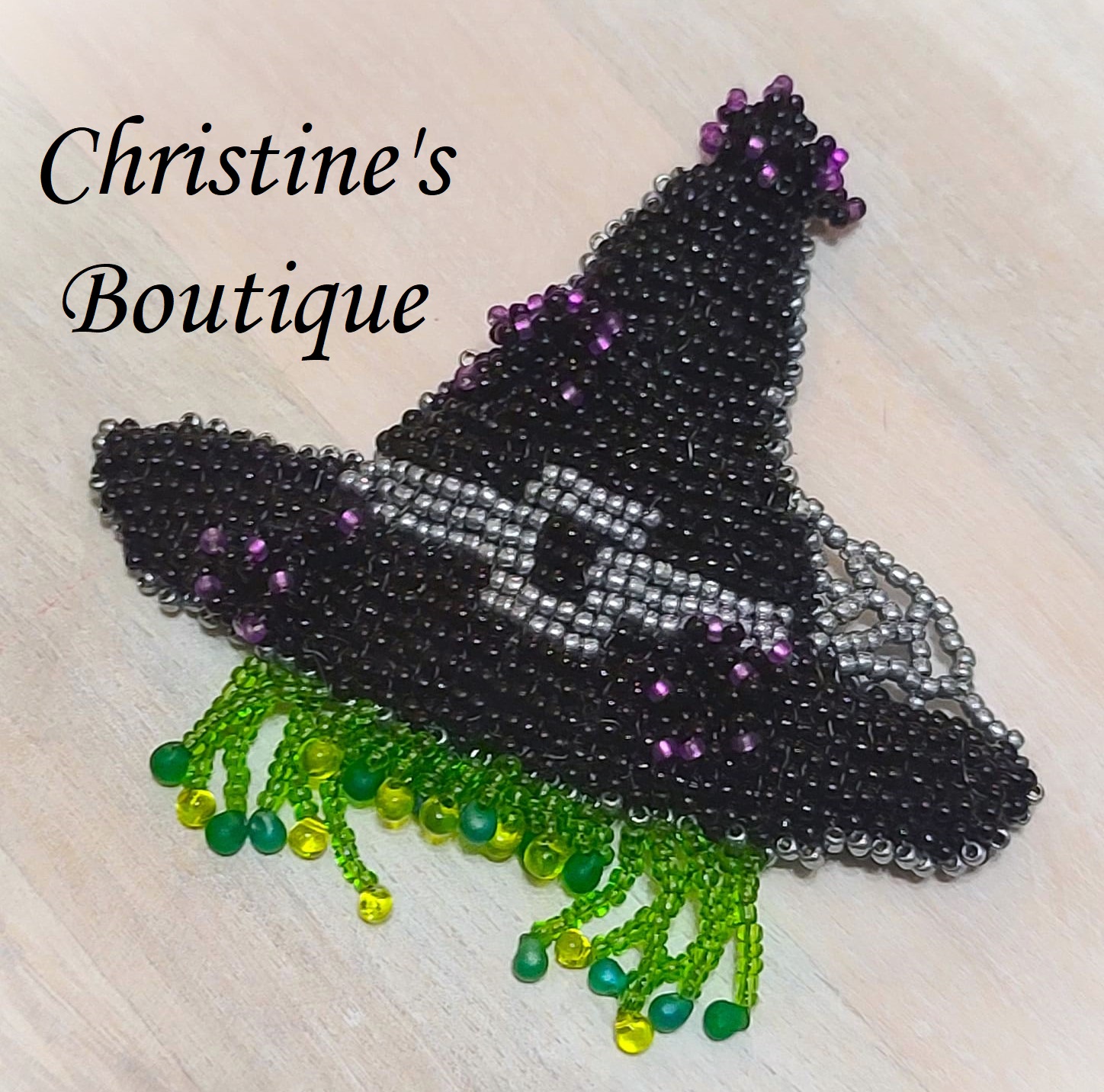 Bead embroidery pin halloween hat with witch hair - Click Image to Close