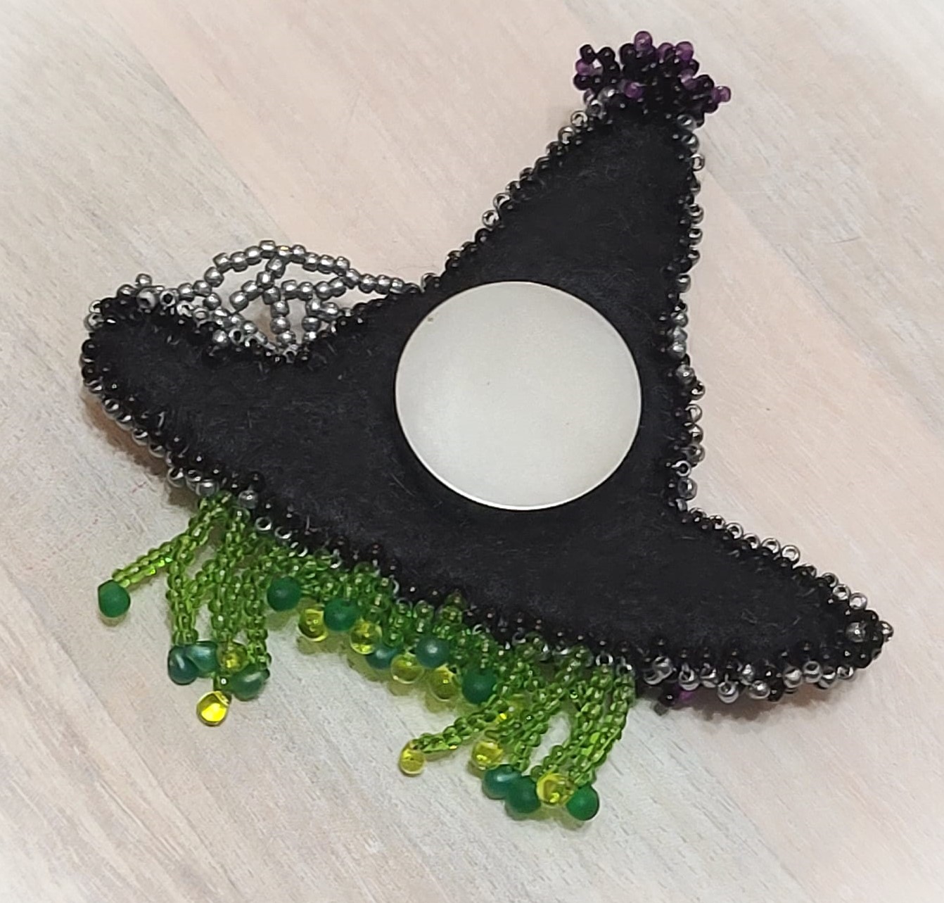 Bead embroidery pin halloween hat with witch hair