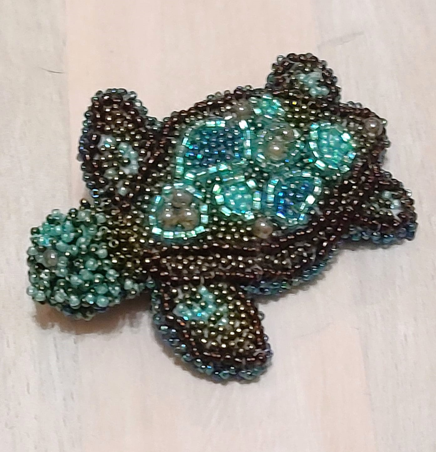 Turtle pin, handcrafted, bead embroidery, glass and crystals