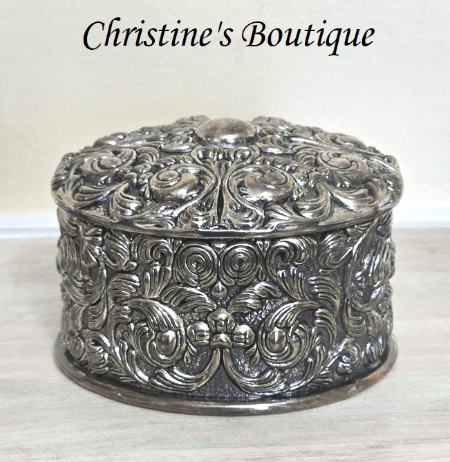 Silver plated scrolled jewelry box, keepsake box, vanity item, trinket box