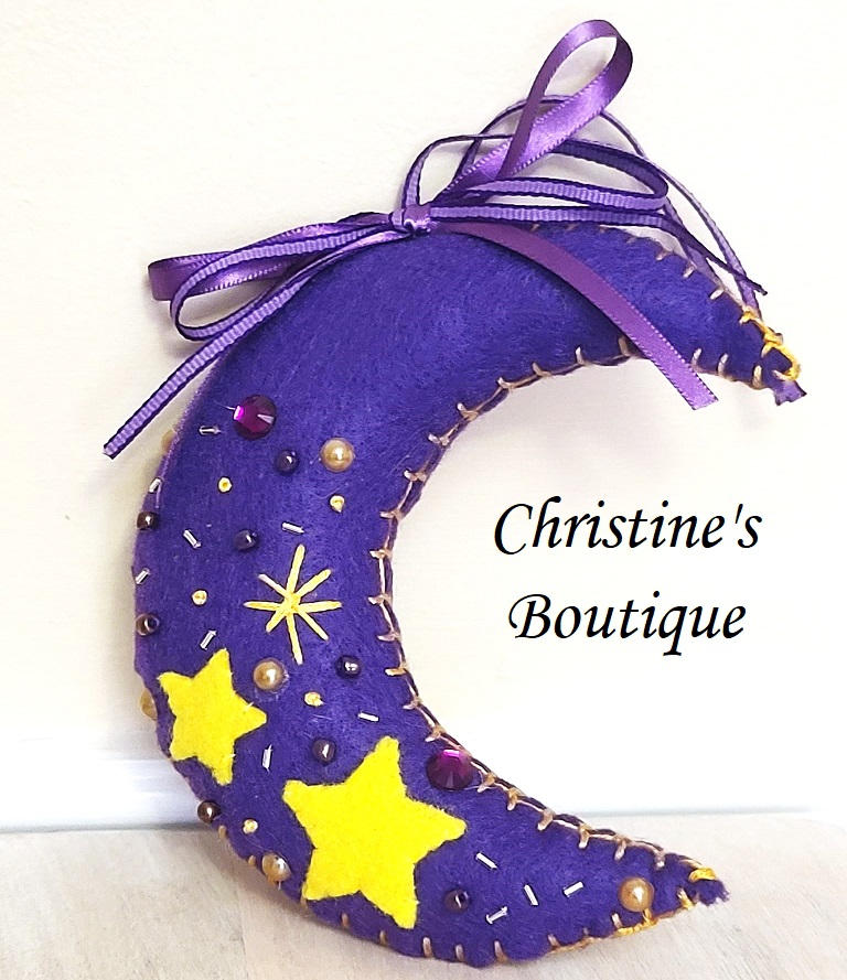 Moon ornament, purple moon whimsical, handcrafted moon, felt, embroidery, bead accents