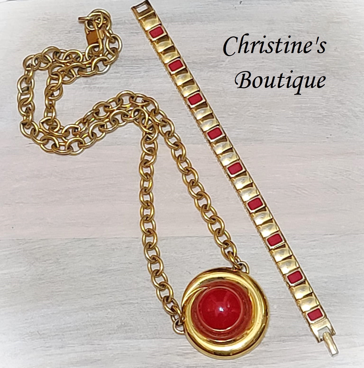 Monet vintage red pendant style necklace and link bracelet set