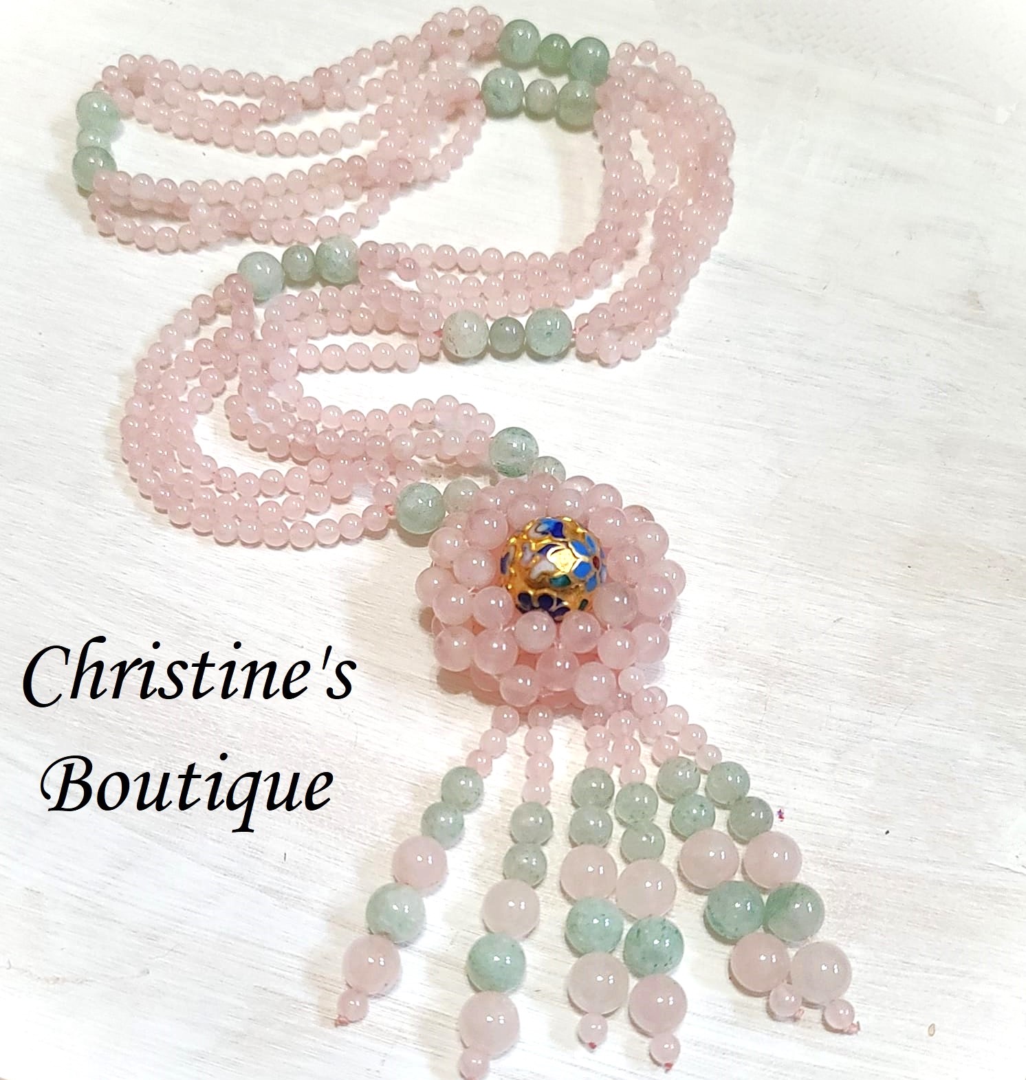 Pink and green jade gemstone vintage lariat & clossione center