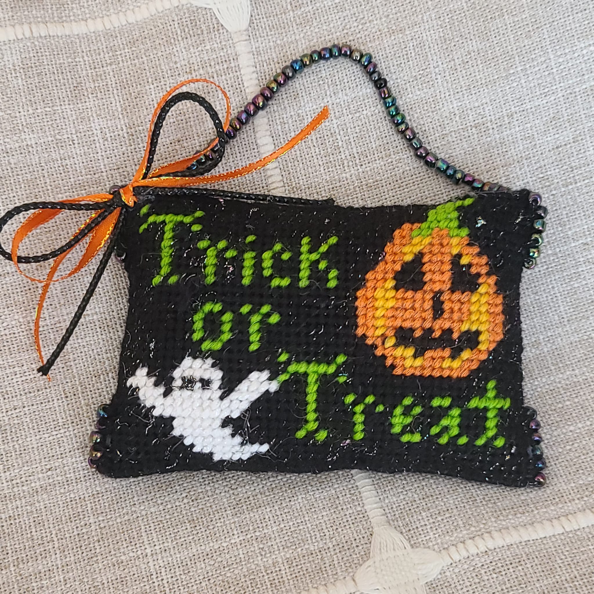 Halloween needlepoint Trick or Treat ornamental hanger