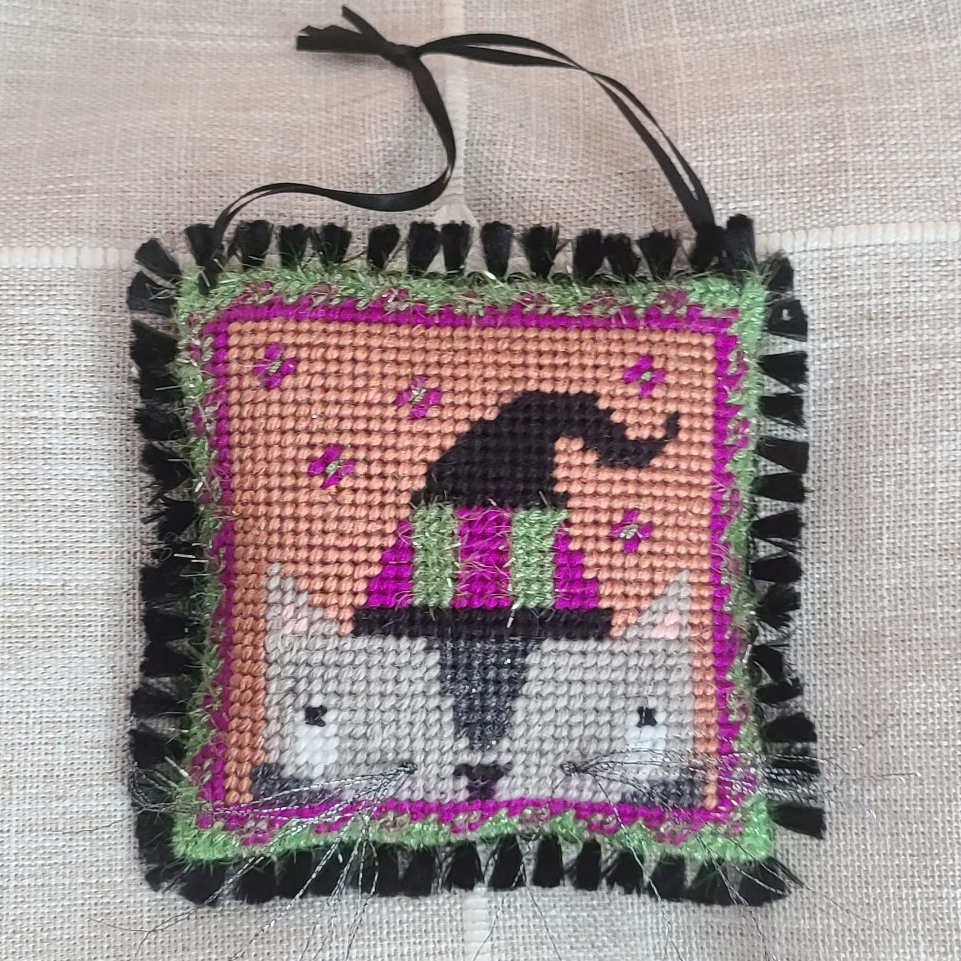 Halloween finished needlepoint Cat with witch hat ornament