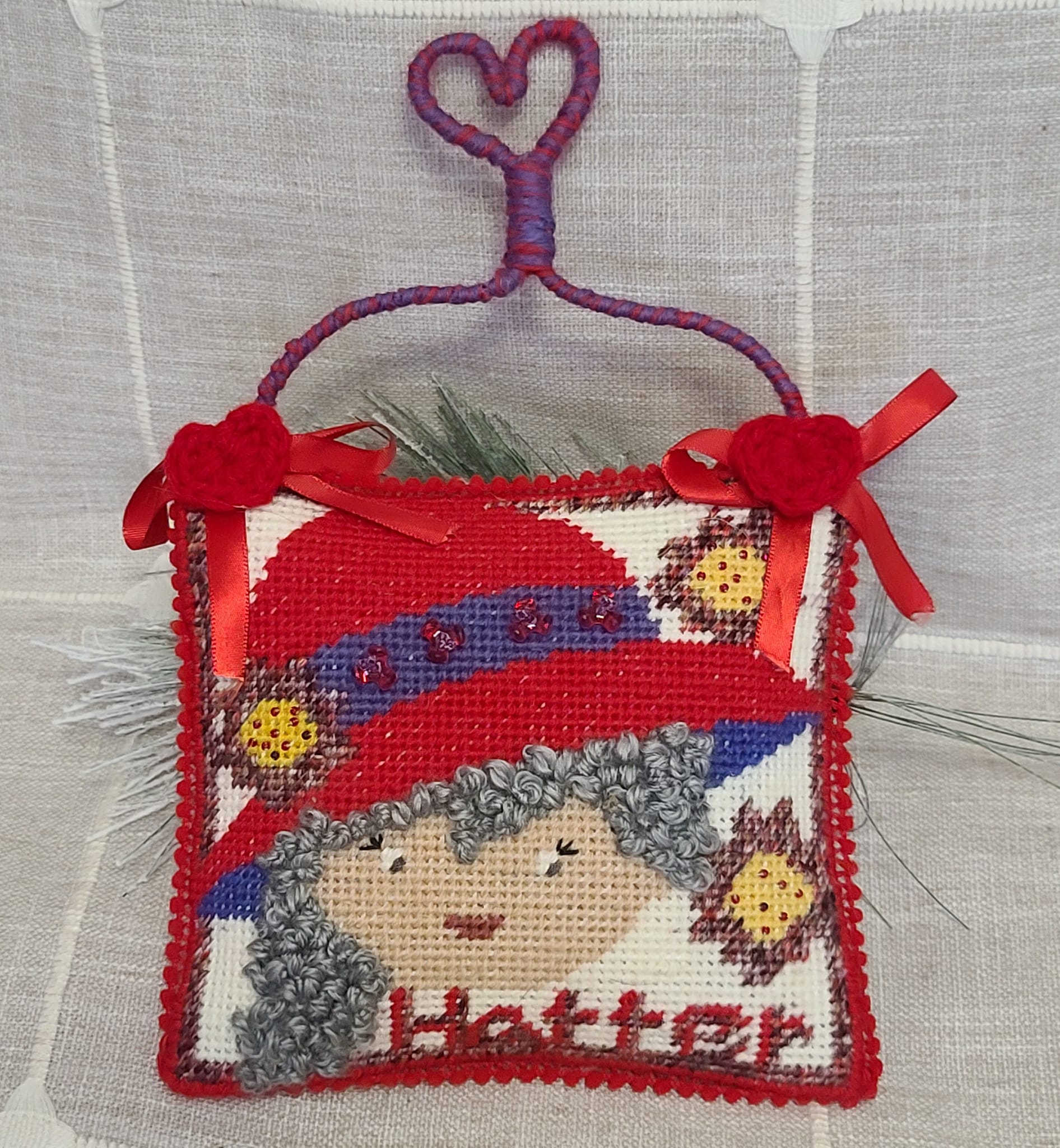 Needlepoint Red Hat Lady pillow hanger ornament