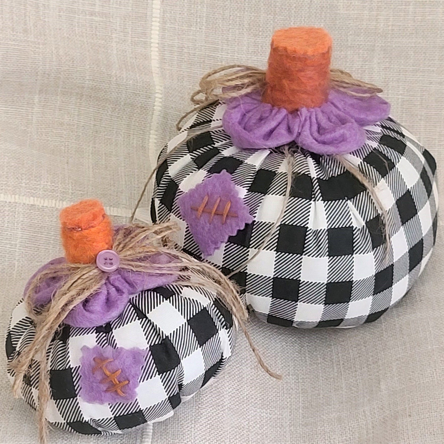Handmade Fabric Pumpkins, Set of 2, Tabletop Pumpkins, Black Whi