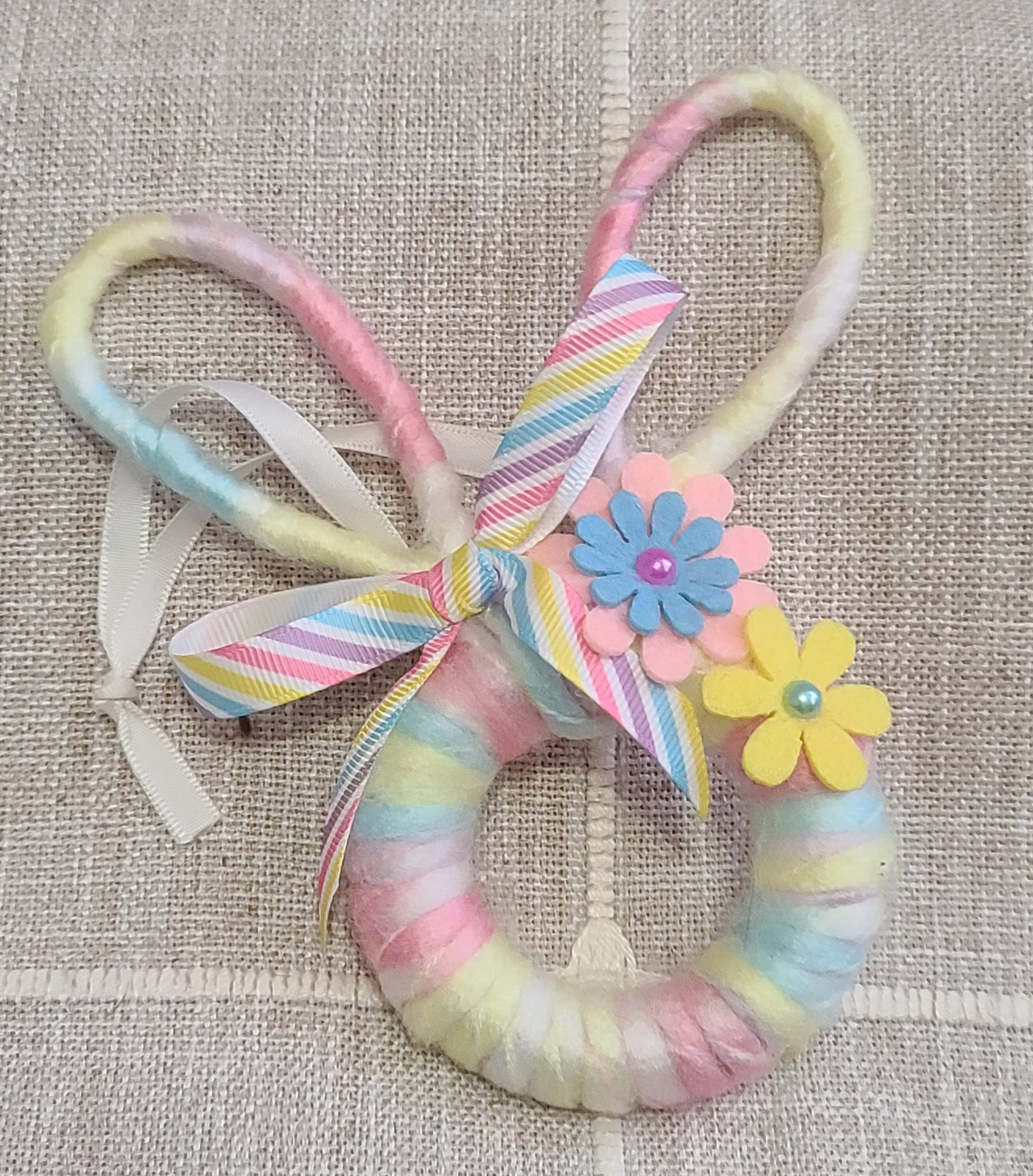 Yarn and wood bunny rabbit, easter ornament -multi pastel colors