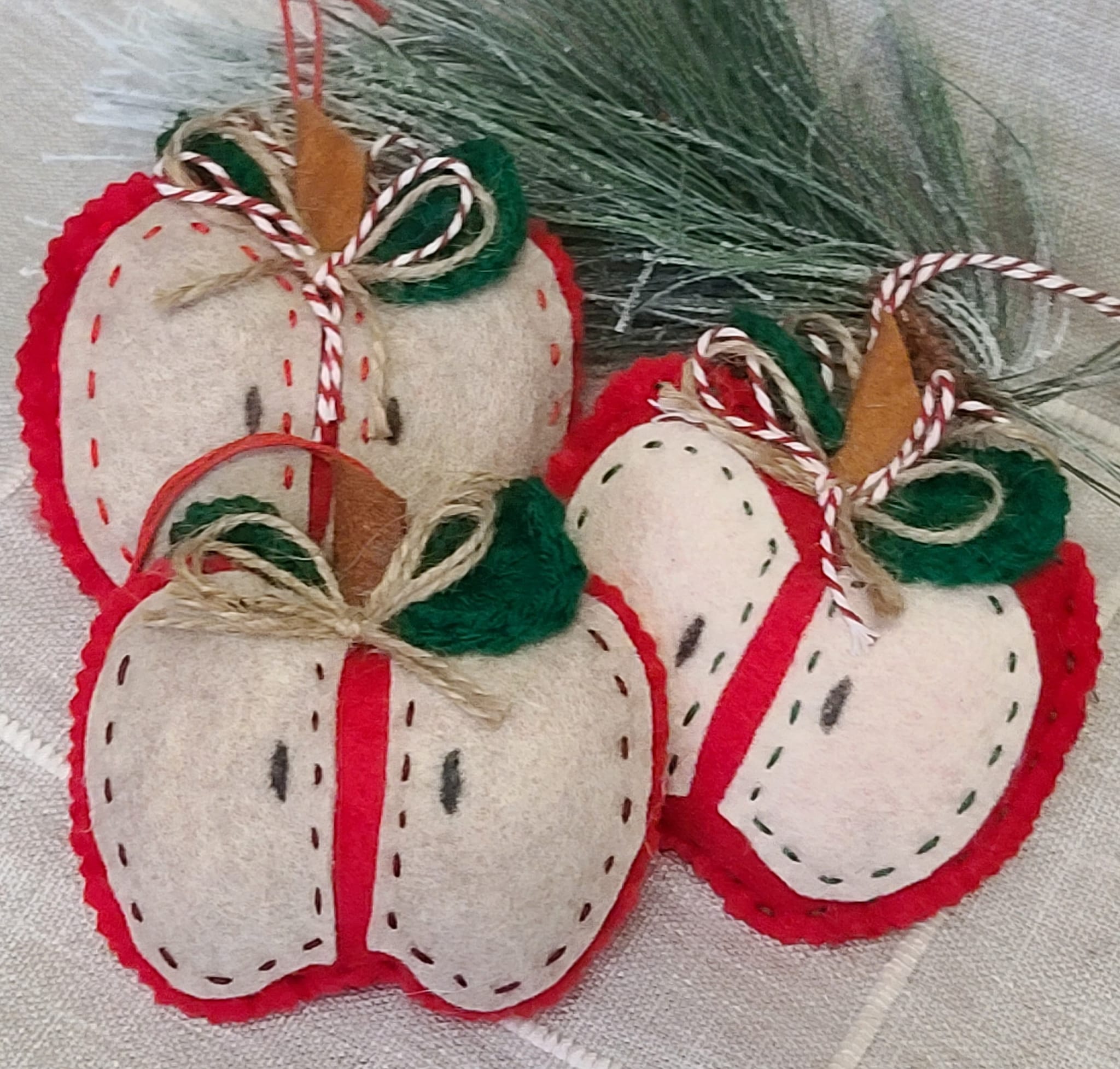 Apple felt ornament or bowl filler with crochet green leaves