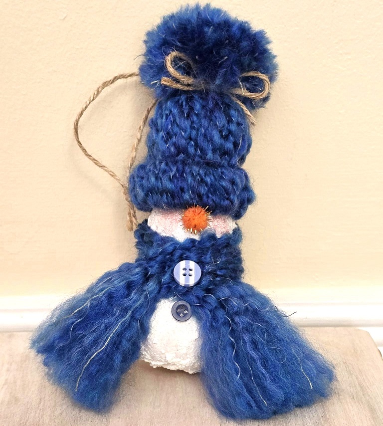 Handpainted gourd snowman ornament with knit hat - multi blue