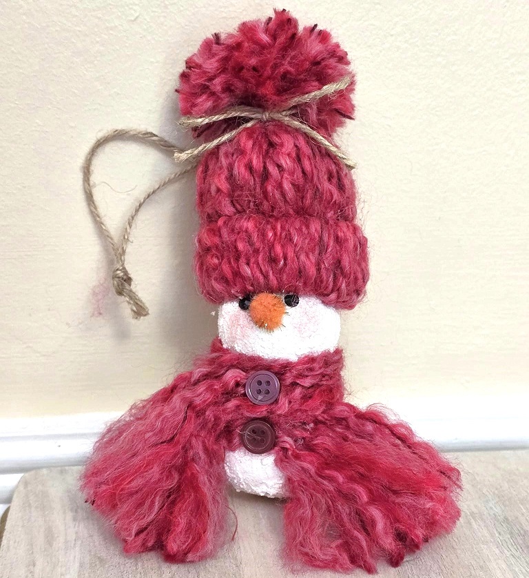 Handpainted gourd snowman ornament with knit hat -multi rose red