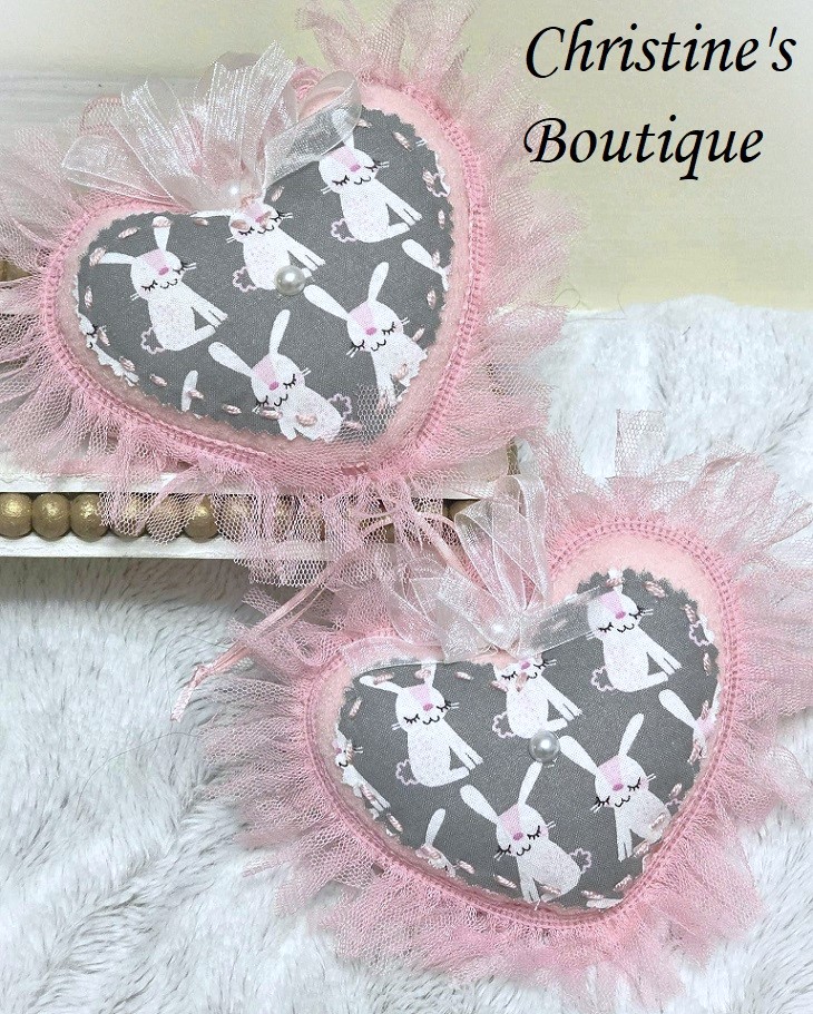 Easter bunny fabric and felt large heart ornament with tulle