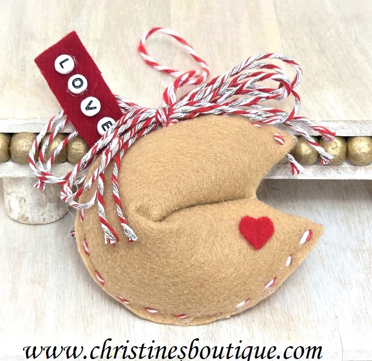 Fortune cookie ornament, handcrafted felt fortune cookie, love message