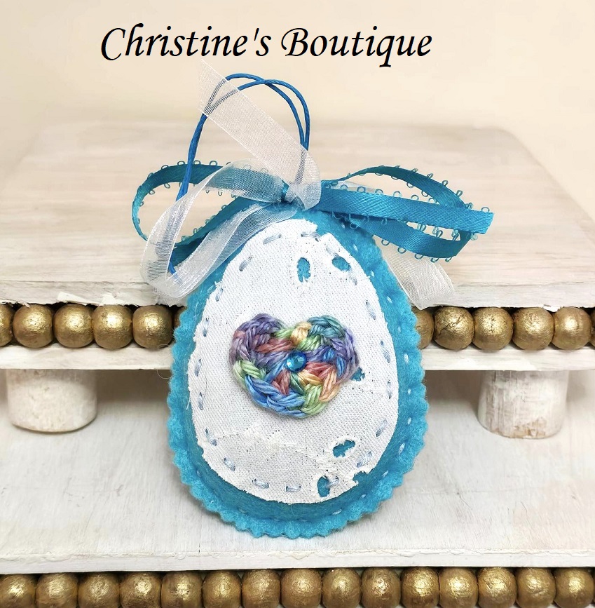 Easter egg felt ornament - turquoise and lace