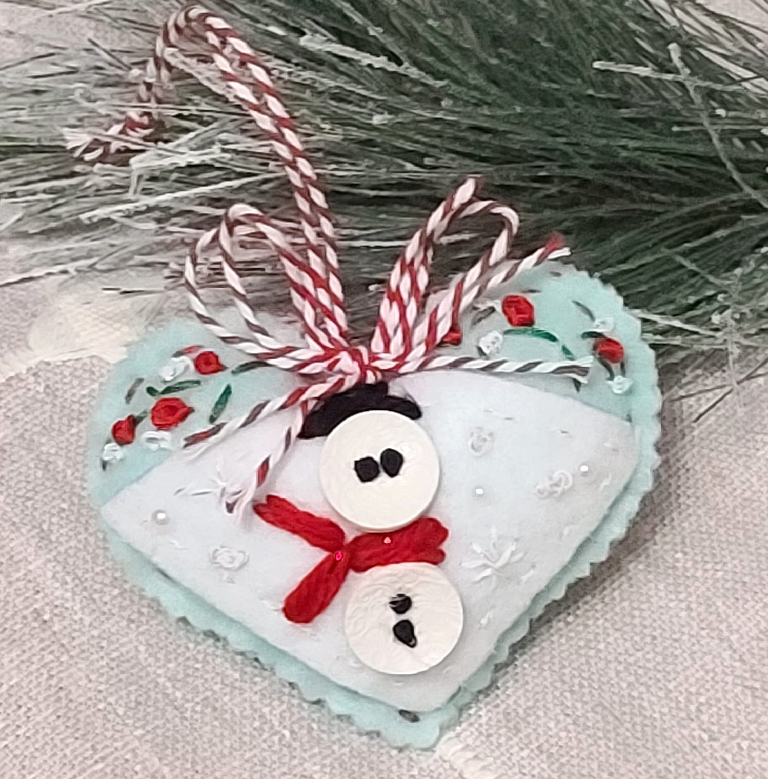 Winter scene felt hearts with button snowman ornament