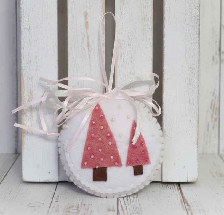 Felt and beaded evergreen trees round ornament -pink and white Felt and beaded evergreen trees round ornament -pink and white
