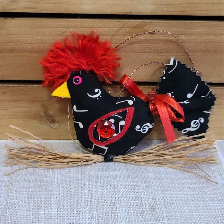 Whimsical bird on straw branch ornament -black and red