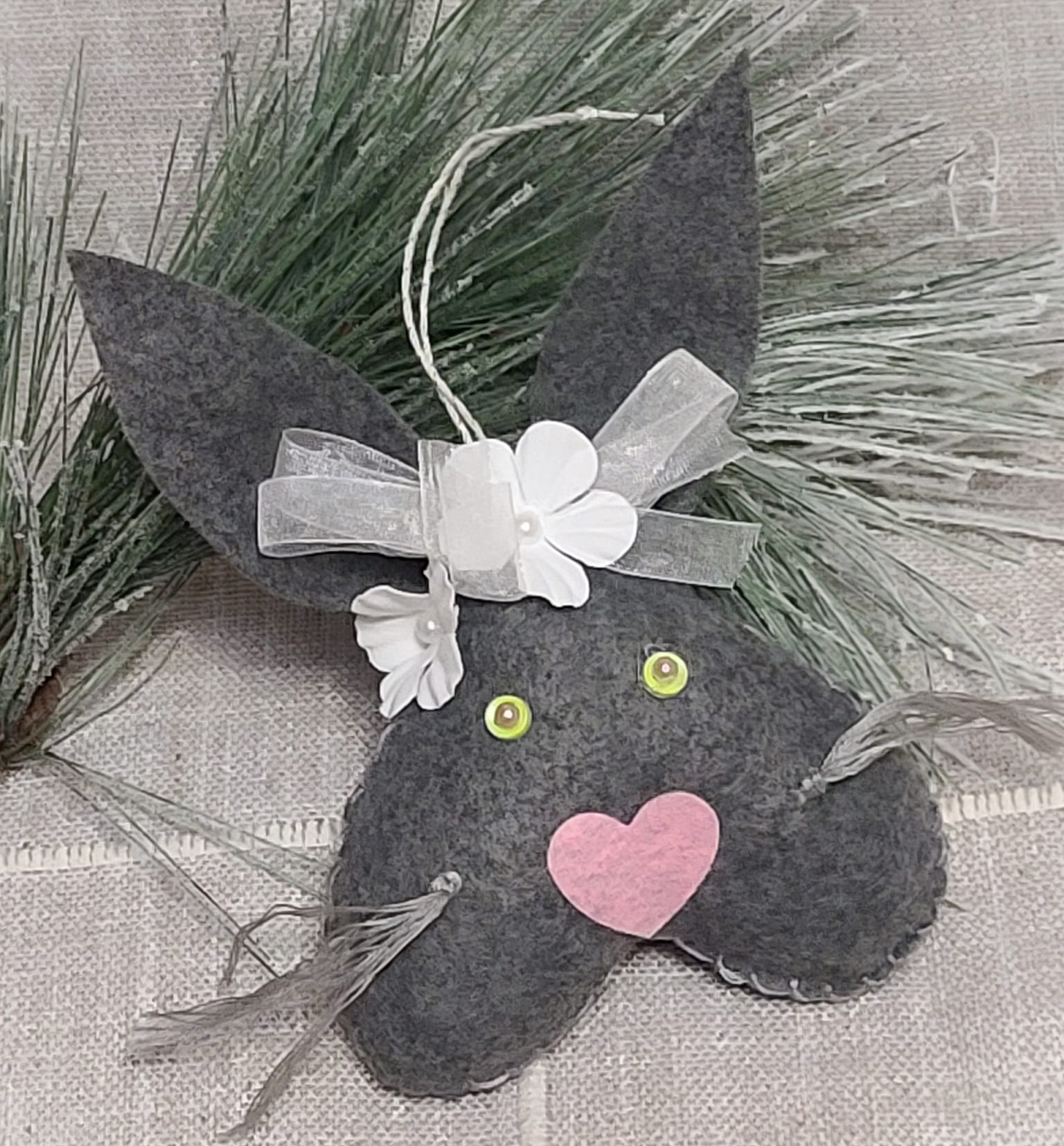 Felt gray bunny head easter ornament white bow and flower