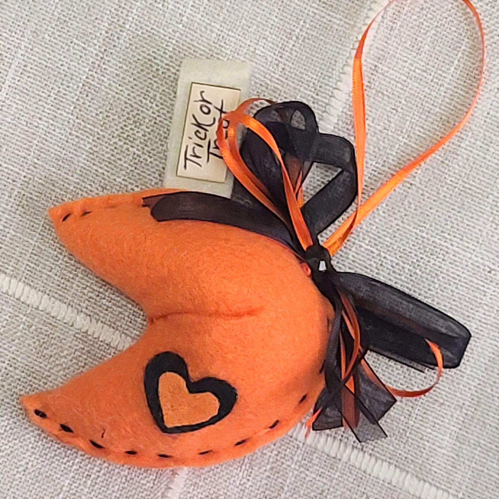 Fortune cookie felt ornament Halloween orange/blk Trick or Treat