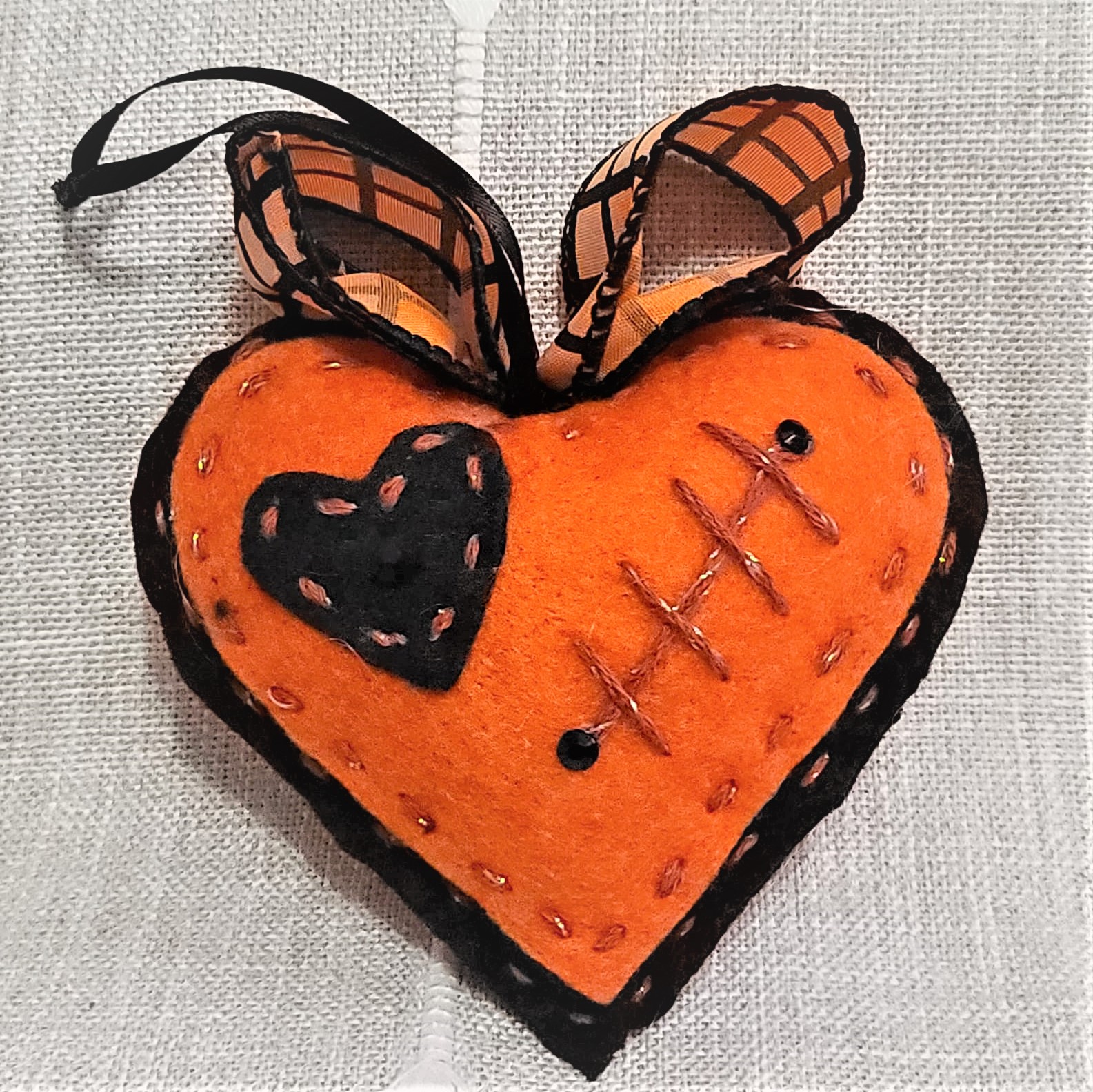 Halloween felt heart in stitches ornament 2 sided orange black