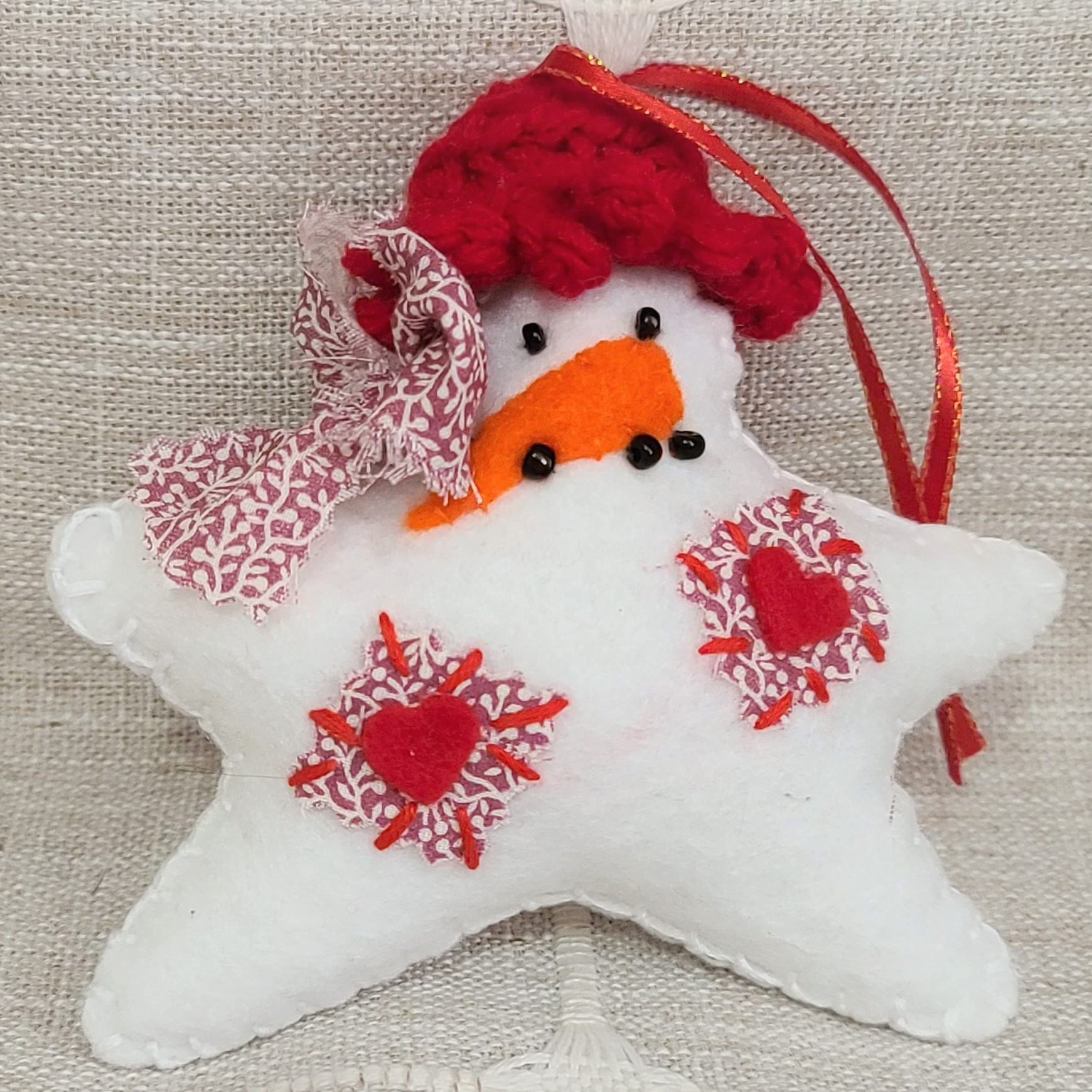 Felt Snowman star ornament with crochet hat -red patches and hat