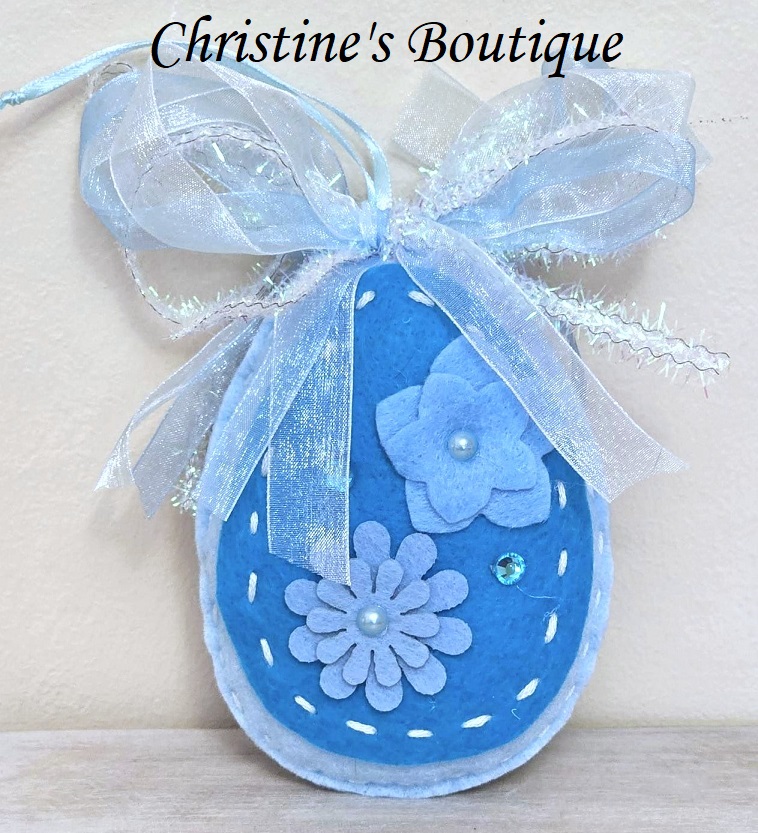 Easter egg felt ornaments two tone blue floral accents
