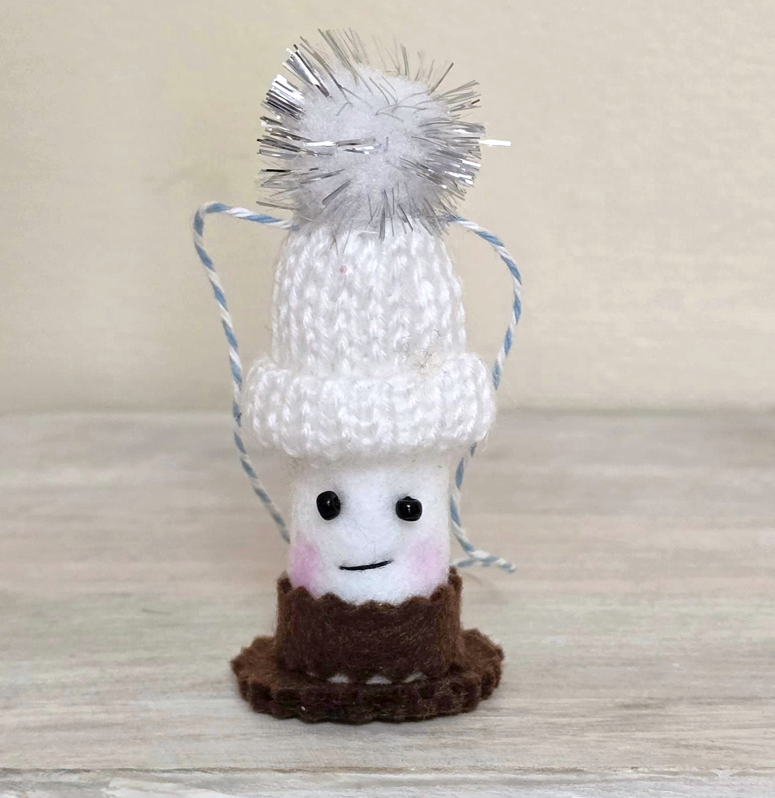 Smores felt marshmallow with chocolate white hat ornament