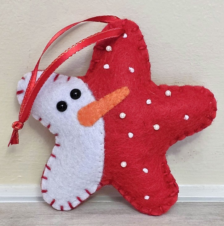 Snowman star ornament, handmade ornament, felt ornament, red star