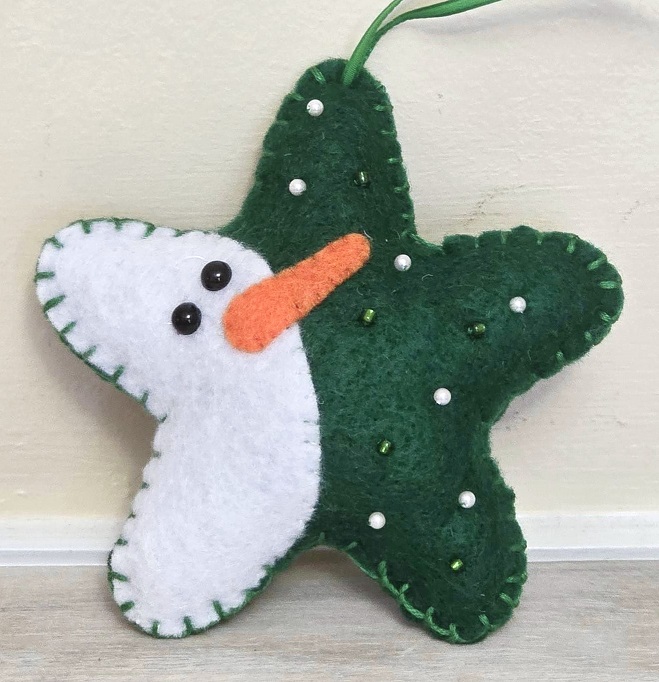 Snowman star ornament, handmade ornament, felt ornament, green star