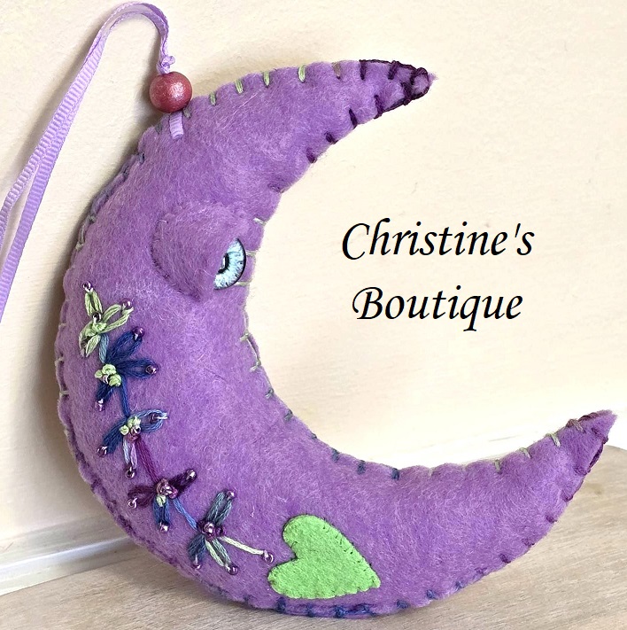 Moon ornament, lavender moon whimsical, handcrafted moon, felt, embroidery, bead accents